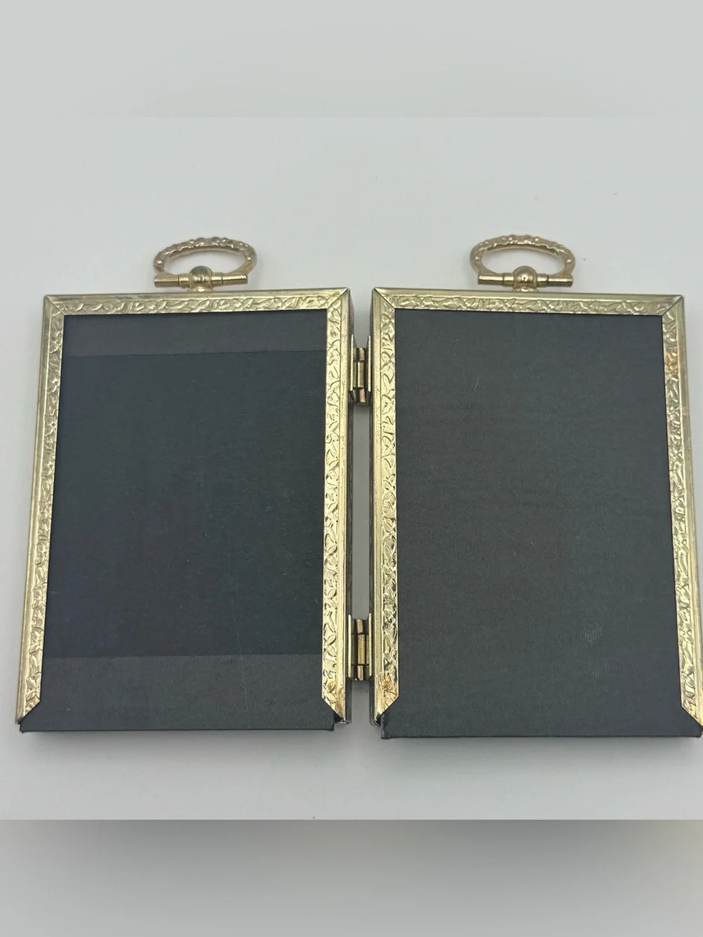 Vintage Monogram Brass Tone Double Hinged Picture Frame 2.5x3.5 Folding Photo